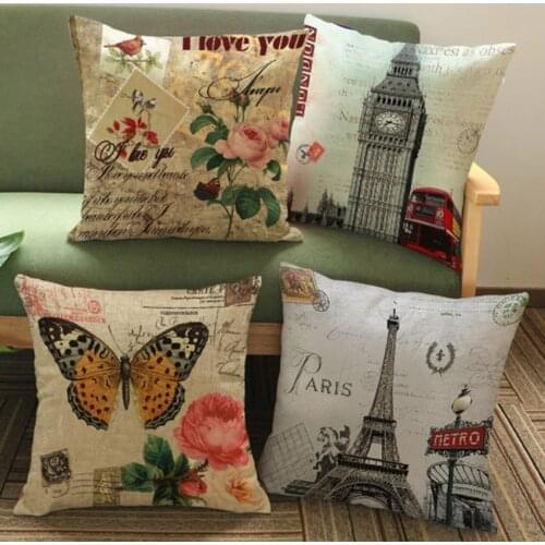 Vintage Poster Card Big Ben Tower Eiffel Statue of Liberty Floral Butterfly Sofa Cushion Car Pillows Home Decor 45x45cm