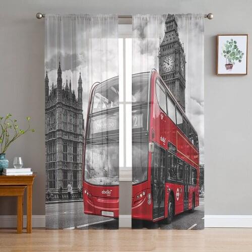 London Street Red Bus Big Ben Window Curtains Bedroom Modern Drape Sheer Tulle Valances Living Room Kitchen Voile Curtain