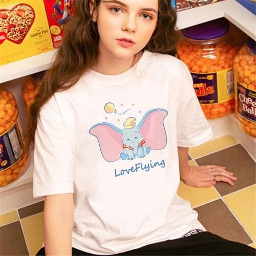 Dumbo Print Women Tshirt Short Sleeve Casual Summer O-neck Tshirts Harajuku Cute Cartoon T-shirts Streetwear Tee Tops Dropship