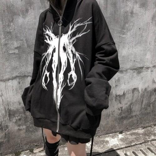 Gothic Punk Graphic Print Zipper Ribbon Hooded Hoodie Autumn Women Black Fashion Casual Cool Oversize Coat Sweatshirt Streetwear