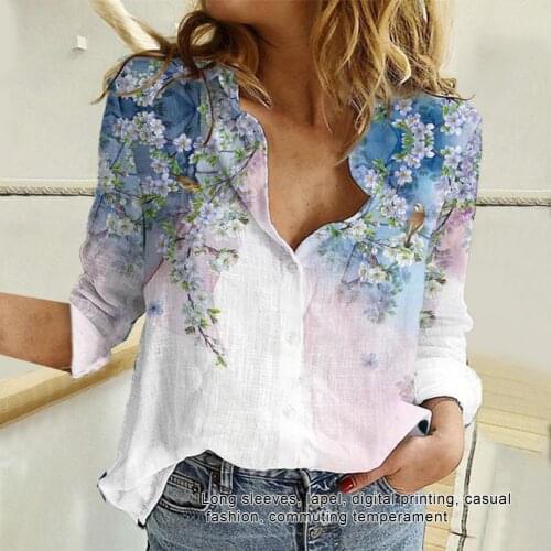 Women Autumn Vintage Elegant Long Sleeved Turndown Collar Buttons T Shirt Fashion Casual Ladies Tops Loose Printing Lapel Blouse