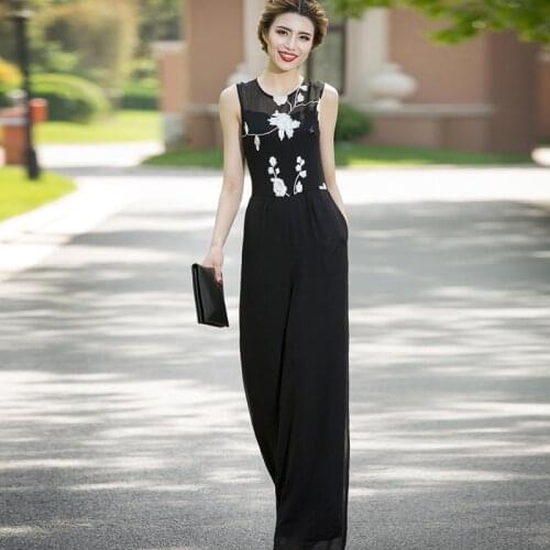 Women Elegant Long Party Jumpsuits 2020 Chiffon Floral Embroidery Black Wide Leg Full Length Summer Rompers Plus Size 3XL 4XL