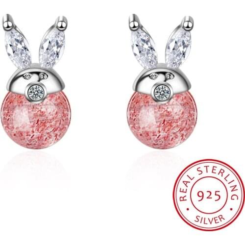 Cute Bunny Animal 925 Sterling Silver Jewelry Personality Rabbit Ear Strawberry Crystal Stud Earrings Gift Lover For Women Cute