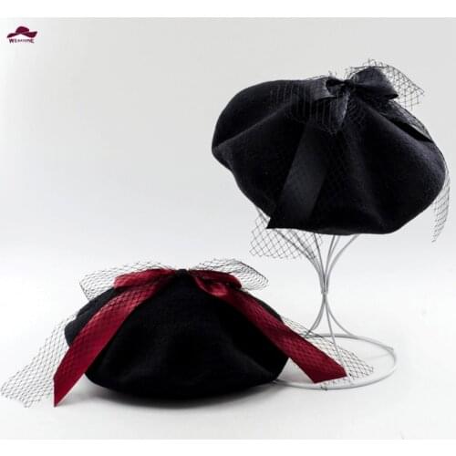 Women Bowknot Mesh Beret Ladies' wool Beanie Felt Hat Fashion Warm Autumn&Winter Artist Cap Russia good quality elegant hat