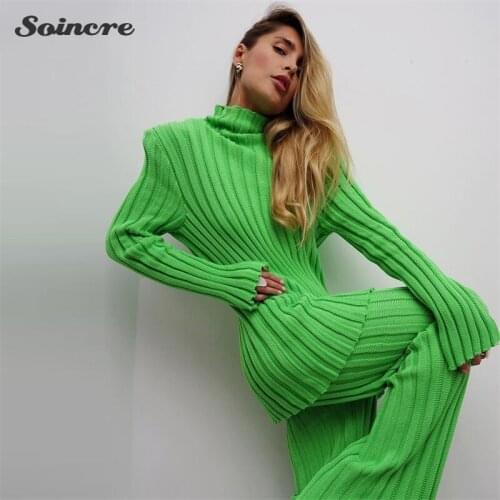Y2K Green Knitted Casual Women Two Piece Set 2021 Autumn Winter Long Sleeve Turtleneck Sweater Top Pants Fashion Suit Streetwear