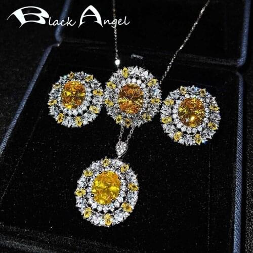 BLACK ANGEL High Quality Jewelry Sets Inlaid Yellow Crystal Earrings For Women CZ Resizable Rings Temperament Pendant Necklace
