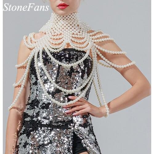 Stonefans Layered Choker Necklace Gothic for Women Imitation Pearls Erotic Underwear Shoulder Chest Chain Jewelry Harness Gifts
