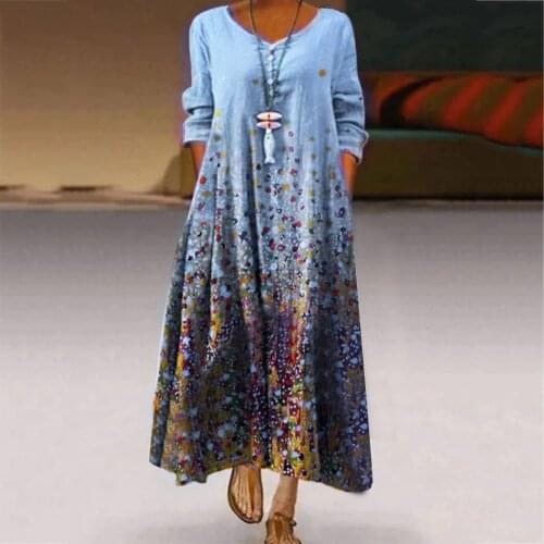 Vintage Bohemian Dresses Women Plus Size Print Daily Casual Long Sleeve Broken Flower Printed Dress Temperament Dress Vestidos