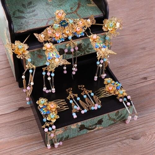 Golden Tassel chinese tiara colored beads long tassle hairpins bridal headdress dragon and Phoenix hair decoration