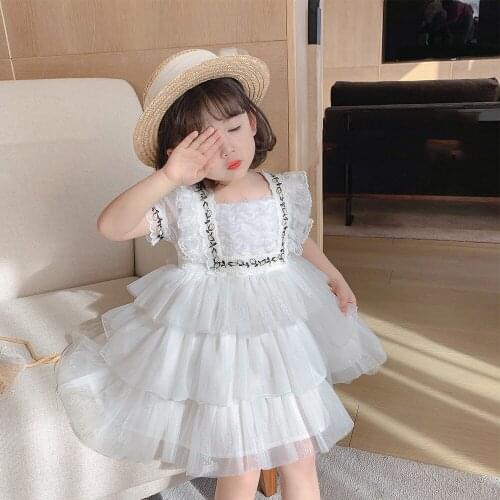 2021 Summer Girls Dress Puff Sleeve Short Sleeves Lace Princess Dresses White Shiny Layered Dress Baby Kids Children Clothing