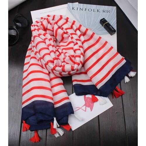 2021 Newest Women Stripe Printed Pattern Cotton Tassel Scarf Shawls Wraps Hijabs