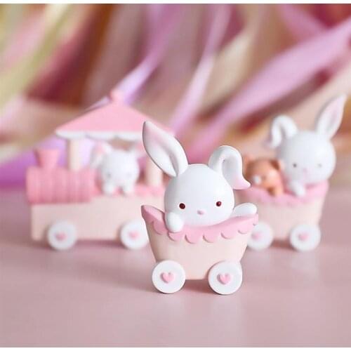 3Pcs Cake Adornment Resin Cartoon Rabbit Train Ornament Cake Top Doll Decor for Party Home (Pink)