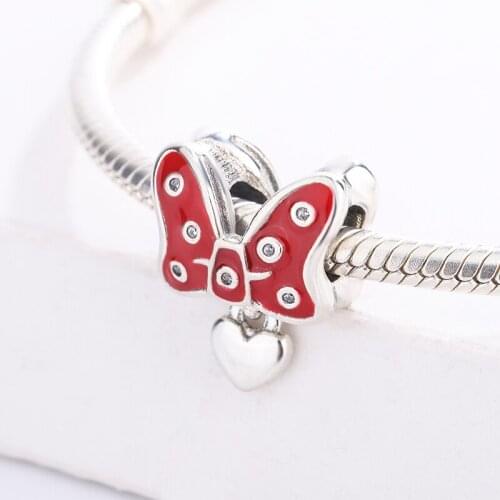 925 Sterling Silver Cute Red Bow Tie Love Heart Beads CZ Zircon Pendant Charm Bracelet DIY Jewelry Making For Pandora