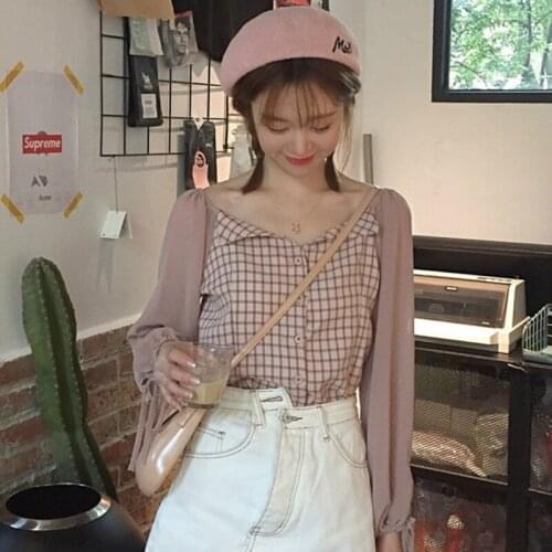 Blouses Women Long Sleeve Summer Plaid Patchwork Slim Shirts Drawstring Student Cute Casual Holiday Design Female Top Popular