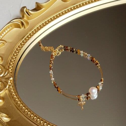 Lii Ji Tiger Eye Baroque Pearl 14K Gold Filled Cross Charm Bracelet 17+3cm Natural Stone Handmade Delicate Jewelry For Gift