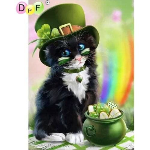 DPF 5D Round full Diamond painting Cross Stitch Diamond Embroidery Needlework green hat black cat diamond Mosaic decor crafts