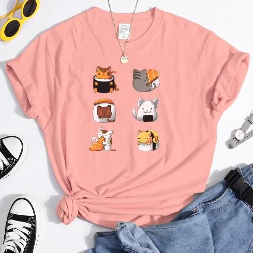 Adorable Animals Sushi Cartoon Fun Style Print Female t-Shirts Cartoon Style Tops Spring Summer T Shirts Oversized Women t-Shirt
