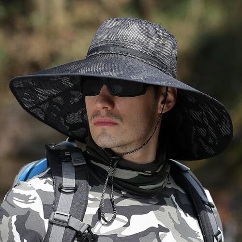 K51 Mens Summer Hat Outdoor Sun Screen Camouflage Hiking Hats Cycling Fishing Cap Big Brim Fisherman hat UV Protection