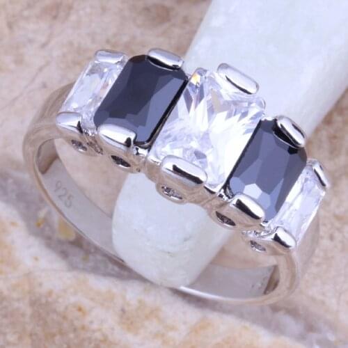 Astonishing Black Cubic Zirconia White CZ Silver Plated Ring Size 6 / 7 / 8 / 9 R1601