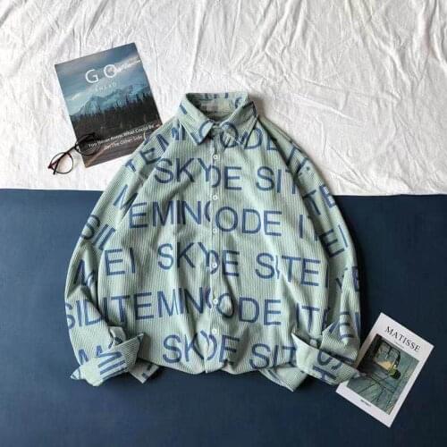 Korean retro printed corduroy shirt loose corduroy shirt mens long-sleeved shirt