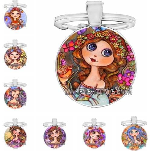 Colorful Anime Happy Girl with Long Hair Photo Keychain Handmade Lovely Cartoon Women and Flower Glass Cabochon Key Rings