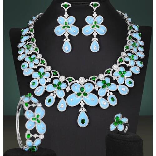 Missvikki Luxury Gorgeous 4pcs Sky Blue Oil Opal Butterflies Necklace Bangle Earrings Ring Jewelry Sets For Women Wedding
