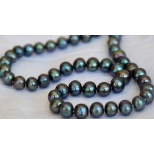 18" 8-9MM NATURAL TAHITIAN genuine BLACK GREEN PEARL NECKLACE 925silver