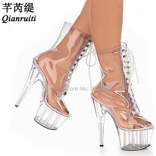 Qianruiti Botas Feminina Clear Shoes 15cm Stiletto Heels Lace Up Dance Botas Crystal Platform Transparent Boots Women Plus Size
