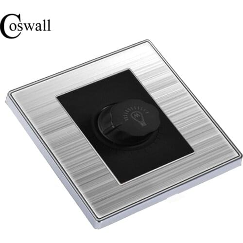 Coswall Luxury Light Dimmer Switch Wall Interruptor Brushed Silver Stainless Steel Panel Power Conmutador 10A AC 110~250V
