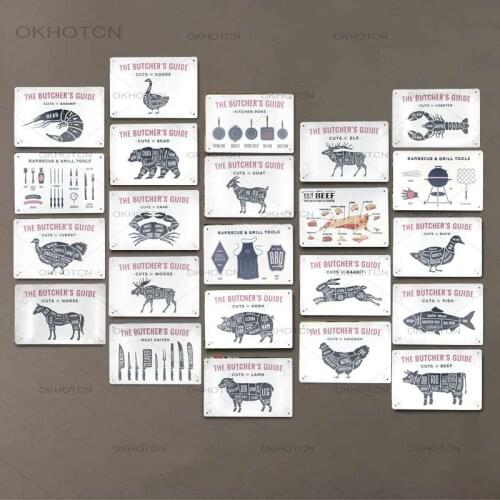 The Butchers Guide Plaque Duck Shrimp Rabbit Beef Turkey Tin Sign Meat Shop Decor Retro Wall Painting Collection Metal Craft