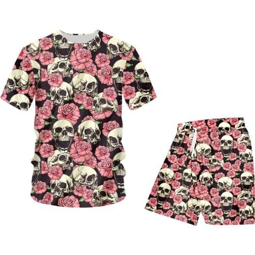 OGKB Sportswear Oversize Men Sets Casual Summer 2 Pieces Suits Skull 3D Printed T Shirts And Shorts Pants Pink Flowers Tracksuit