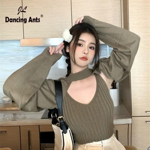 Sweater Women Two pieces V-Neck Sleeveless Crop Tank Top+Long Sleeve Autumn Korean Japnese Slim Knitted Sweaters for Woman