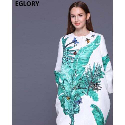 High Quality Fashion New Style Coat Trench Plus Size 5xl Size Green Leaves Print Beaded Long Sleeve Coat Outwear Female Overcoat