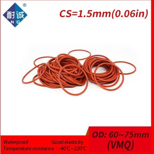 1PCS/lot Silicone rubber o-ring Red VMQ CS 1.5mm OD60/75mm O Ring Gasket Silicone O-ring waterproof