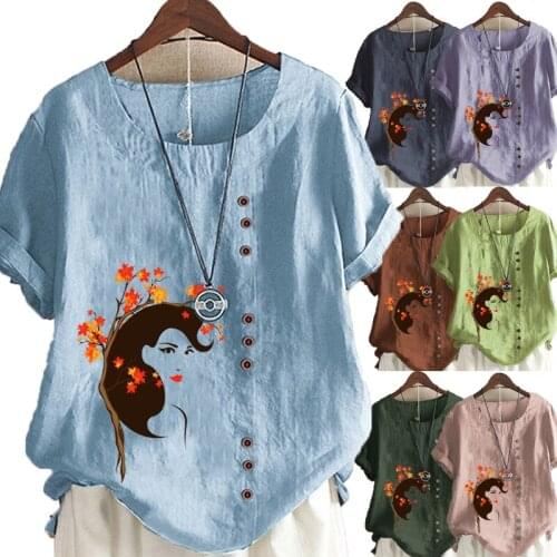 Women Summer Round Neck Short Sleeve T-shirt Casual Cotton Linen Graphic Shirt Leisure Fashion Loose Print Blouse Tops Plus Size