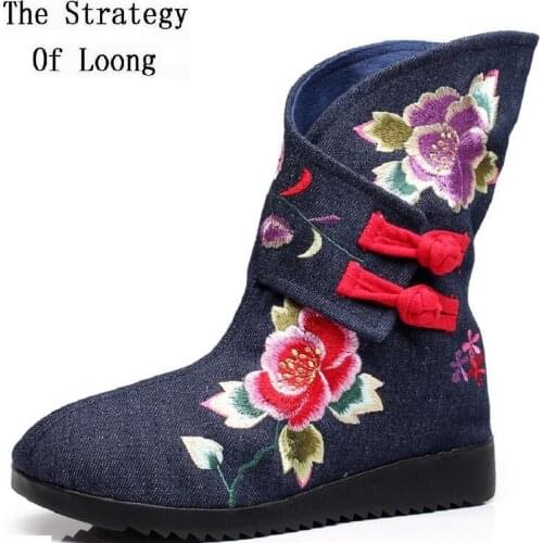 Spring Autumn New National Style Embroider Buckles Canvas Women Half Equestrian Boots Winter Plush Ladies Mid-Calf Botas 0706