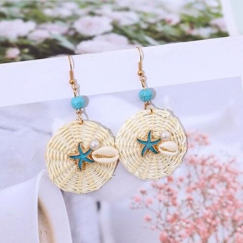 New Fashion Bohemian Ladies Round Vine Rattan Knit Drop Earrings For Women 2019 Trendy Metal Starfish Natural Shell Earring Gift