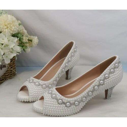 BaoYaFang White Pearl Bridal women Wedding shoes Rhinestone High Heel Fish Toe Summer shoes women party dress shoe Open Toe