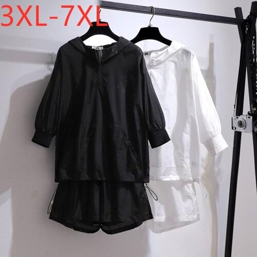 New Ladies Spring Summer Plus Size Sports Sets For Women Large Loose Black Hoodie And Shorts Training Suit 3XL 4XL 5XL 6XL 7XL