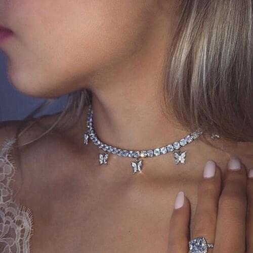 Women Hot Butterfly Tennis Choker Necklace Kpop Jewelry 2020 Tennis Chain Rhinestone Statement Necklace Bling Jewelry Gift