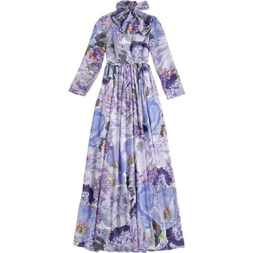 Fashion Runway Floral Chiffon Dress Female 2020 Autumn Sicilian Flower Print Floor-length Dresses Women Holiday Bohemian Dress