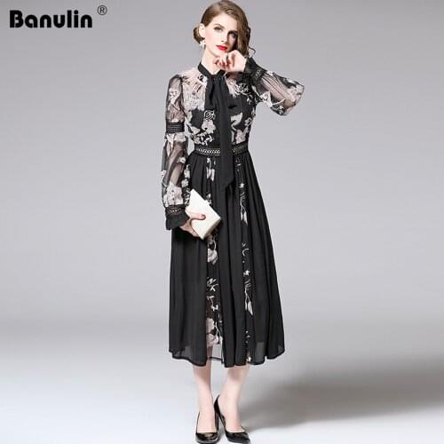 2020 New Runway Autumn Dress Women Bow Tie Feather Lantern Long Sleeve Hollow Out Embroidery Chiffon Patchwork Long Dress