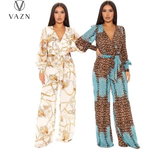 VAZN 2021 Top Quality Vintage Overalls Chiffon High-end Deep V-Neck Full Sleeve Europe And America Women Wide Leg Jumpsuits