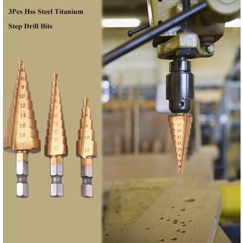 3pcs Hss Steel Titanium Step Drill Bits 3-12mm 4-12mm 4-20mm Cone Cutting Tools Woodworking Wood Metal Drilling Set