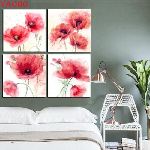 Papaver watercolor flower 5D DIY Diamond Painting Cross Stitch Diamond Mosaic Full Square Rhinestone Embroidery beadwork 4pcs