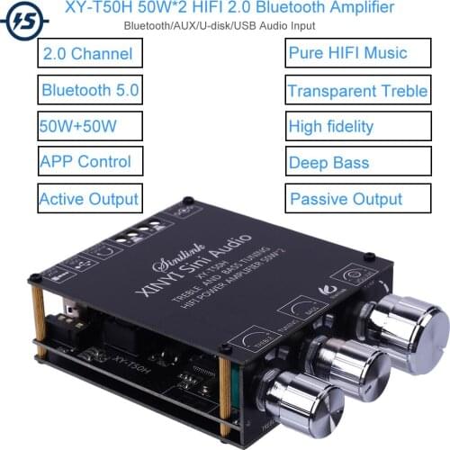 DC 5V-26V Wireless Bluetooth Amplifier 2.0 50W*2 BLE5.0 HIFI Treble Bass AUX/U-disk Audio APP Controller