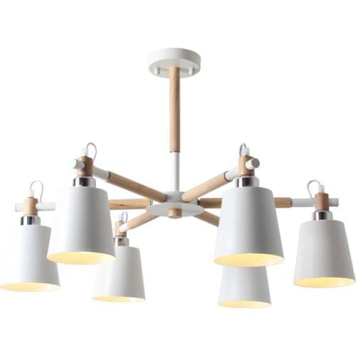 6 Heads White Black Metal Chandelier Light Fixture E27 Modern Wood Suspension Lamp Living Room Bedroom Lighting New PL555-6