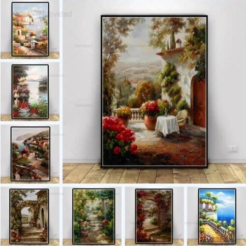 Abstract Canvas Painting Retro Oil Painting Landscape Posters Mediterranean Sea Garden Wall Art Pictures Living Room Home Decor