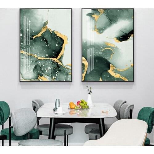 Abstract Dark Green Golden Watercolor Ink Wall Art Canvas Poster Painting Print Picture for Living Room Interior Home Decoration