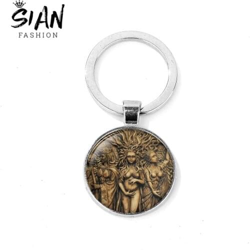 SIAN Tree of Life Triple Moon Goddess Keychain Wicca Pentagram Magic Amulet Time Gem Pendant Key Ring Supernatural Jewelry Gifts